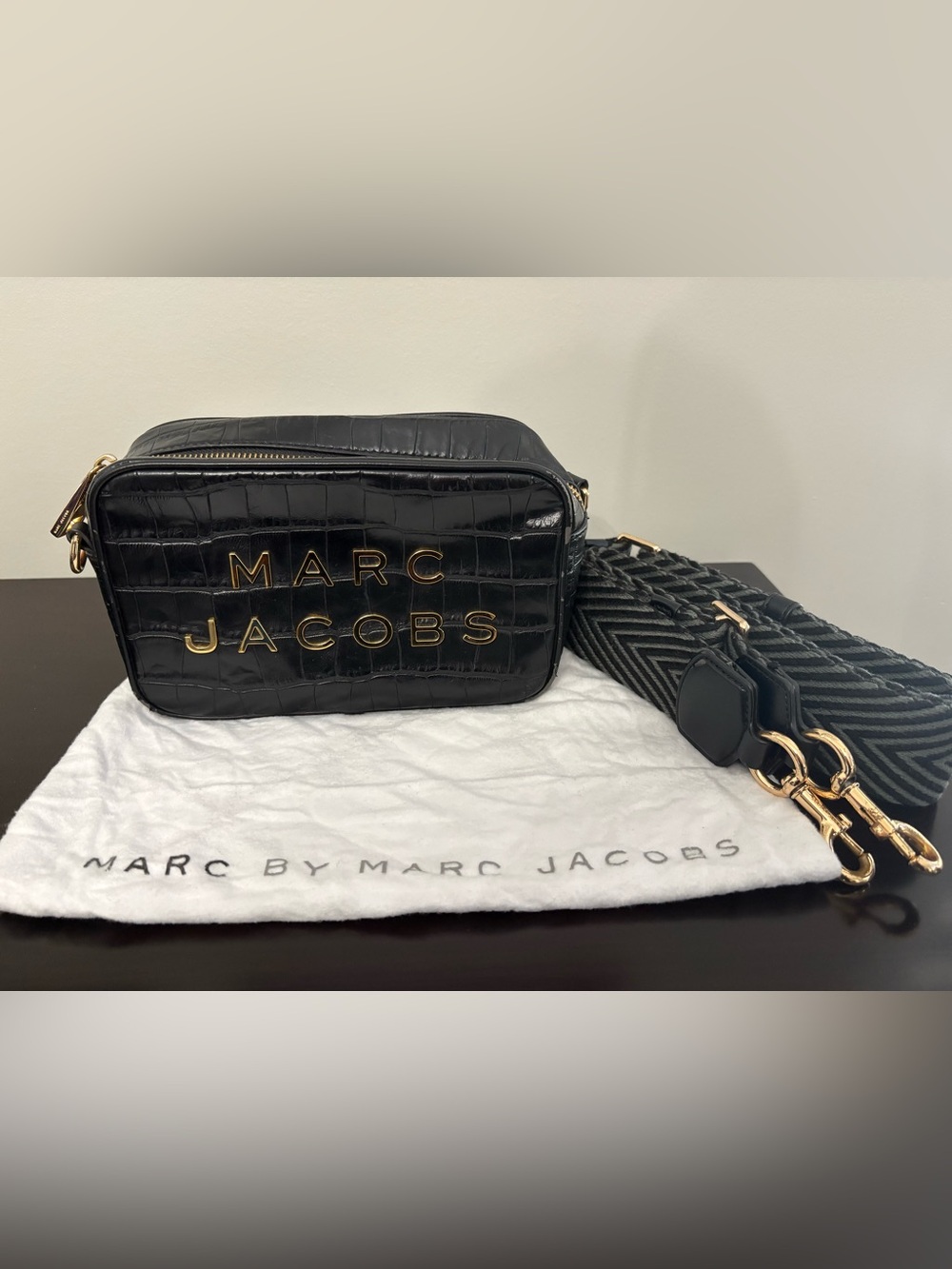 Marc Jacobs Black Croc-Embossed Belt Bag with Gold Hardware